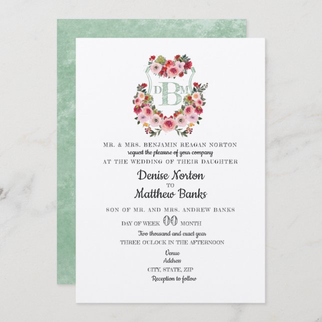 Wild Roses Crest Cameo Green Watercolor Wedding Invitation (Front/Back)