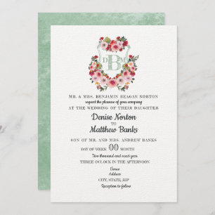 Wild Roses Crest Cameo Green Watercolor Wedding Invitation