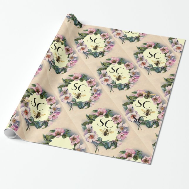 WILD ROSES CROWN, HONEY BEE / BEEKEEPER MONOGRAM WRAPPING PAPER (Unrolled)