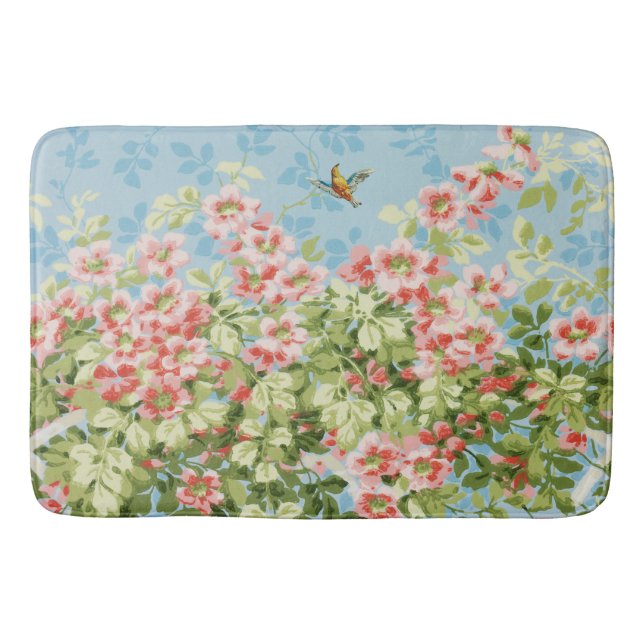 WILD ROSES ,GREEN LEAVES ,FLYING BIRD IN BLUE SKY  BATH MAT (Front)