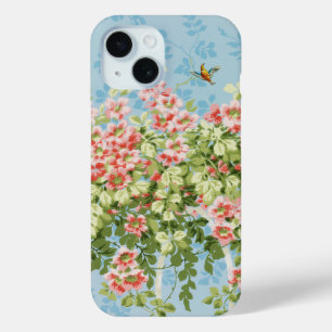 WILD ROSES ,GREEN LEAVES ,FLYING BIRD IN BLUE SKY iPhone 15 CASE