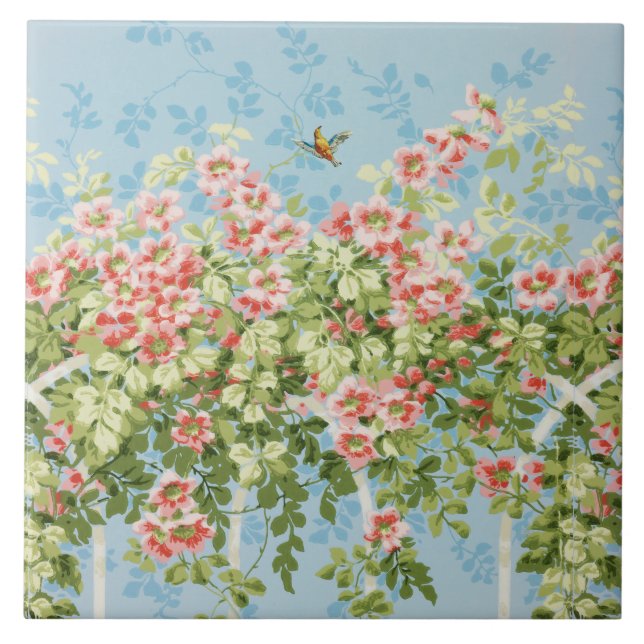 WILD ROSES ,GREEN LEAVES ,FLYING BIRD IN BLUE SKY  TILE (Front)