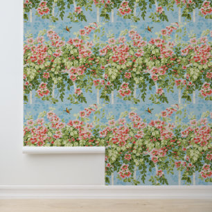 WILD ROSES ,GREEN LEAVES ,FLYING BIRD IN BLUE SKY WALLPAPER