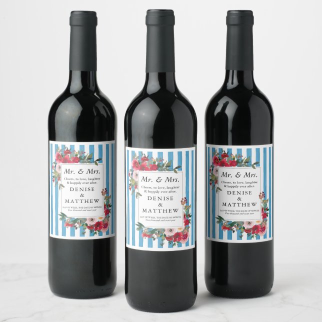 Wild Roses & Grotto Blue Stripe Wine Label (Bottles)