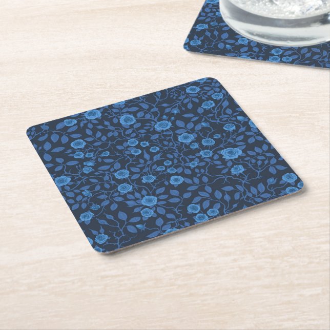 Wild roses in blue square paper coaster (Angled)
