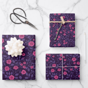 Wild roses in pink and purple wrapping paper sheet
