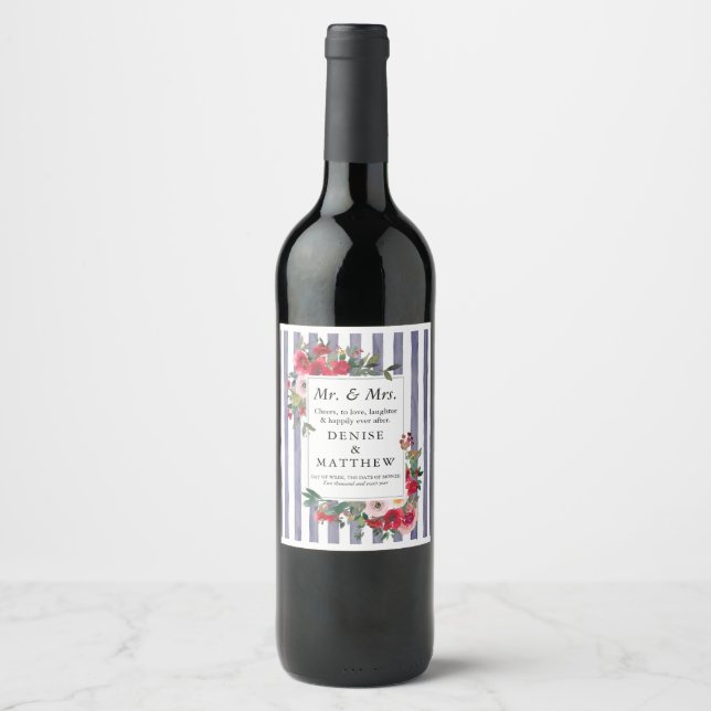 Wild Roses & Lavender Grey Stripe Wine Label (Front)