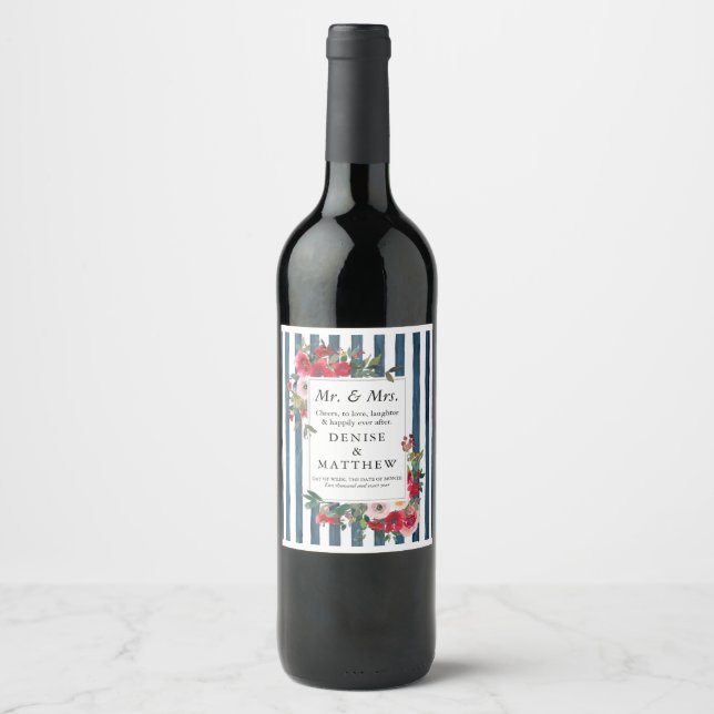Wild Roses & Midnight Teal Stripe Wine Label (Front)