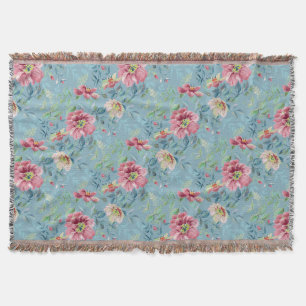 Wild Roses Multicolor on Blue Throw Blanket
