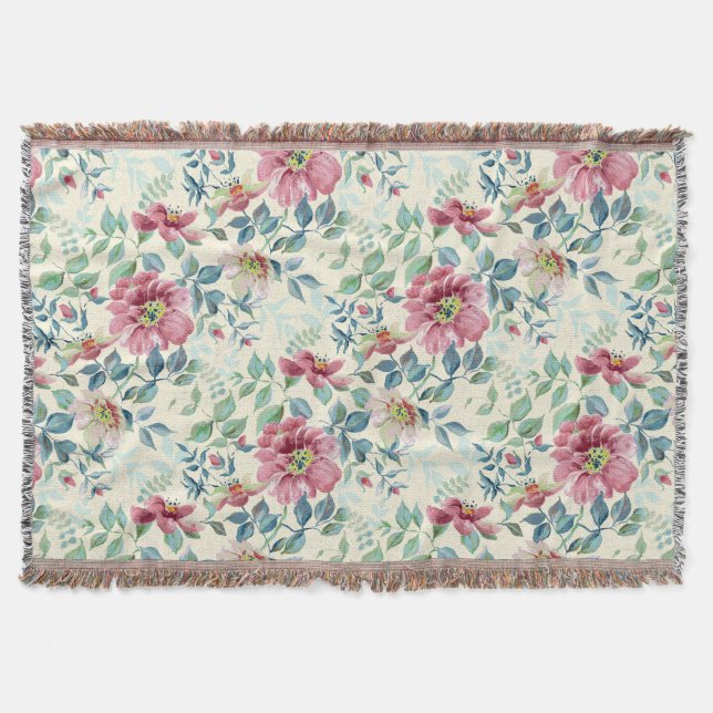 Wild Roses Multicolor on Ivory Throw Blanket (Front)