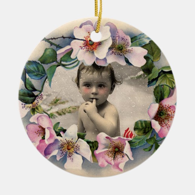 WILD ROSES,PINK GEM BABY SHOWER PHOTO TEMPLATE CERAMIC TREE DECORATION (Front)