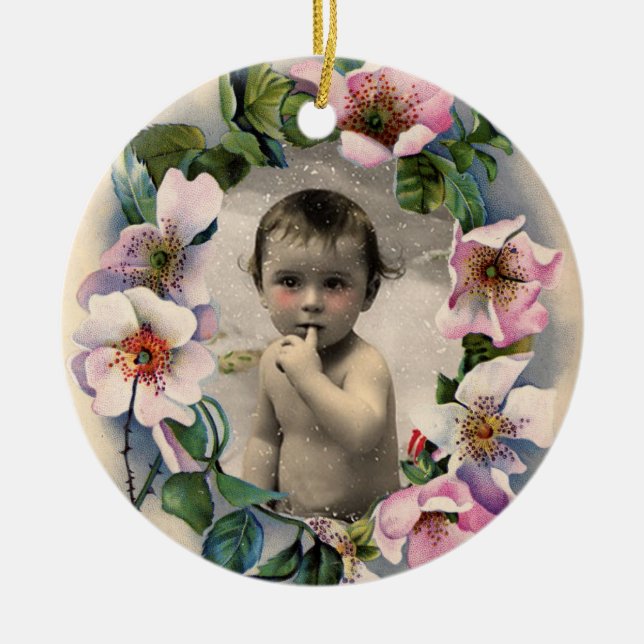 WILD ROSES,PINK GEM BABY SHOWER PHOTO TEMPLATE CERAMIC TREE DECORATION (Front)
