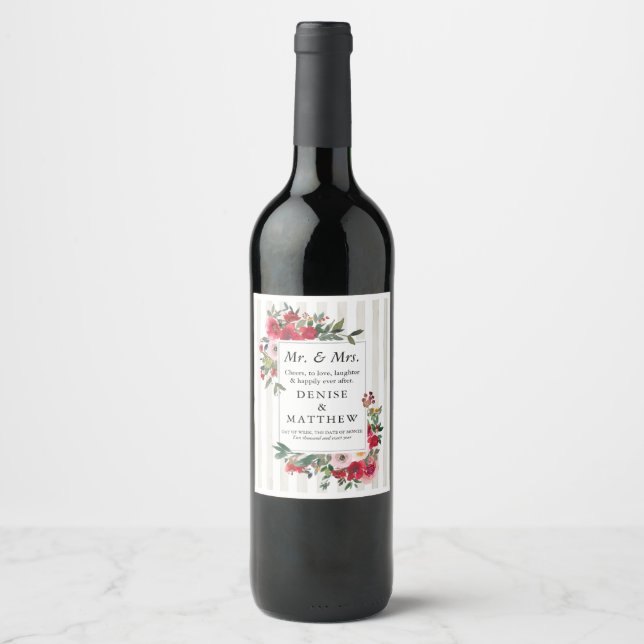 Wild Roses & Snow White Stripe Wine Label (Front)