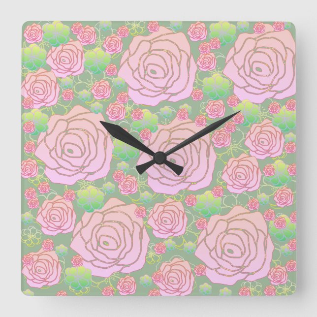 Wild Roses Square Wall Clock (Front)