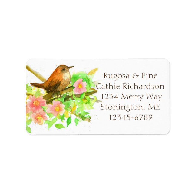 Wild Roses Watercolor Flowers Wren Bird Label (Front)