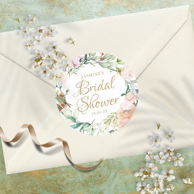 Wild Roses Watercolour Script Bridal Shower Favour Classic Round Sticker (Creator Uploaded)
