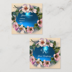WILD ROSES WITH AQUA BLUE GEM STONE MONOGRAM SQUARE BUSINESS CARD