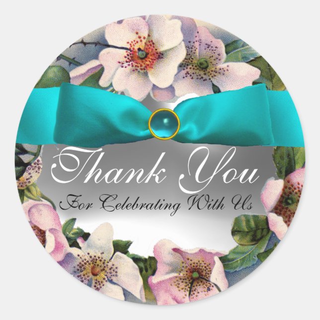 WILD ROSES WITH AQUA BLUE ,TEAL RIBBON ,Thank you Classic Round Sticker (Front)