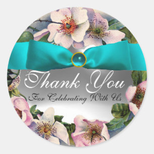 WILD ROSES WITH AQUA BLUE ,TEAL RIBBON ,Thank you Classic Round Sticker
