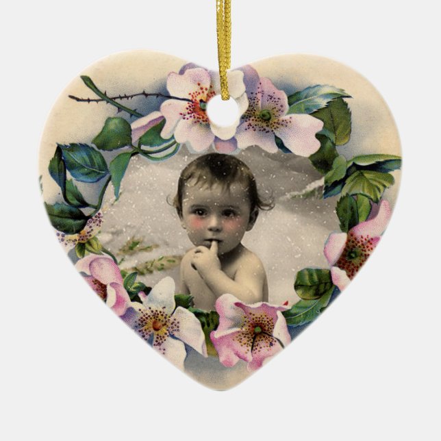 WILD ROSES WITH GEM STONE MONOGRAM PHOTO TEMPLATE CERAMIC TREE DECORATION (Front)