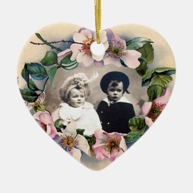 WILD ROSES WITH GEM STONE MONOGRAM PHOTO TEMPLATE CERAMIC TREE DECORATION (Front)