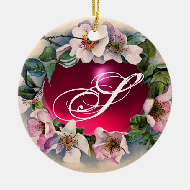 WILD ROSES WITH PINK FUCHSIA GEM STONE MONOGRAM CERAMIC TREE DECORATION (Front)