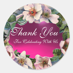 WILD ROSES WITH PINK FUCHSIA GEM STONE ,Thank you Classic Round Sticker