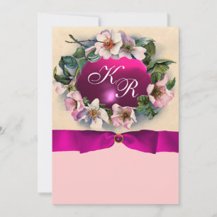 WILD ROSES WITH PINK RIBBON ,MONOGRAM INVITATION