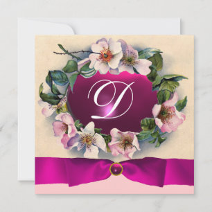 WILD ROSES WITH PINK RIBBON ,MONOGRAM INVITATION