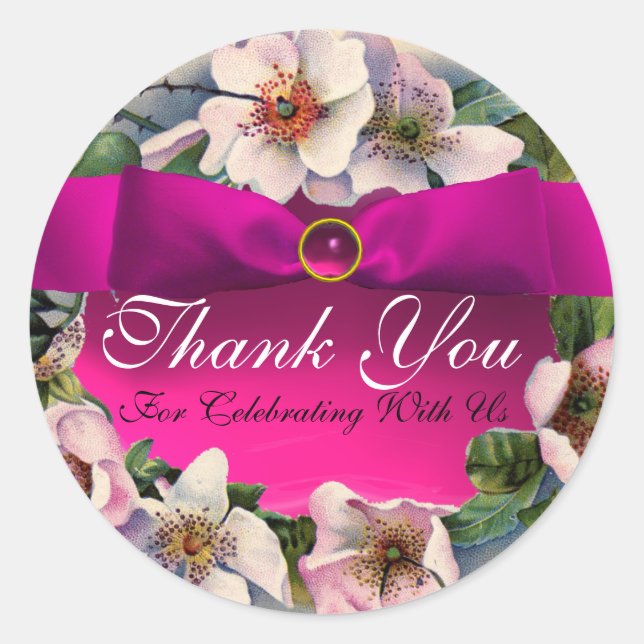 WILD ROSES WITH PINK RIBBON ,Thank you Classic Round Sticker (Front)