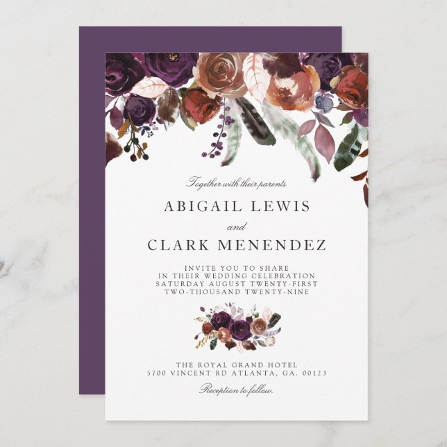 Wild Royal Bloom | Purple Themed Wedding Invite (Front/Back)