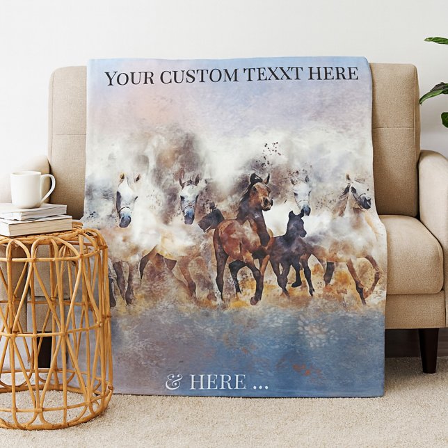 Wild Running Horses Fine Art Fleece Blanket (Fleece blanket featuring a watercolor painting of wild running horses)