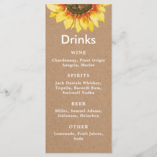 Wild Rustic sunflower. Simple wedding Bar Menu