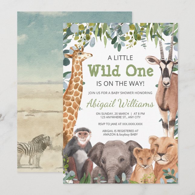 Wild Safari Animal - Giraffe, Elephant Baby Shower Invitation (Front/Back)