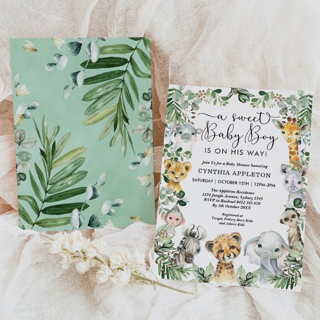 Wild Safari Animals Baby Shower Jungle Greenery Invitation (Creator Uploaded)