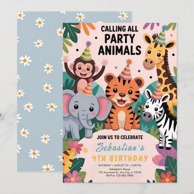 Wild Safari Animals Birthday Invitation (Front/Back)