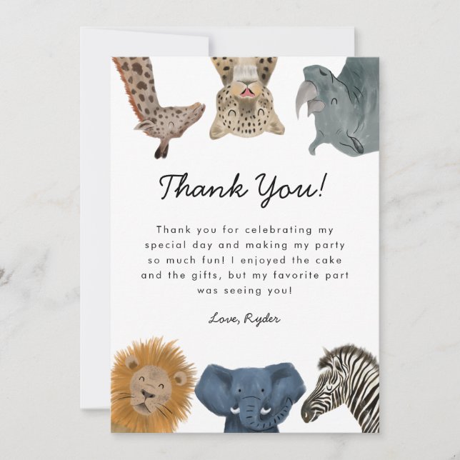 Wild Safari Animals Birthday Party Thank You Card (Front)