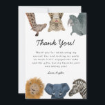 Wild Safari Animals Birthday Party Thank You Card<br><div class="desc">Cute safari theme kid's birthday party thank you card featuring hand drawn illustration of a giraffe,  leopard,  rhino,  lion,  elephant,  and zebra. The default text thanks the guests for coming to the party and for the gifts. Customise this product by adding your name at the bottom.</div>
