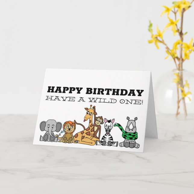 Wild Safari Animals, Children's Birthday Card (Yellow Flower)