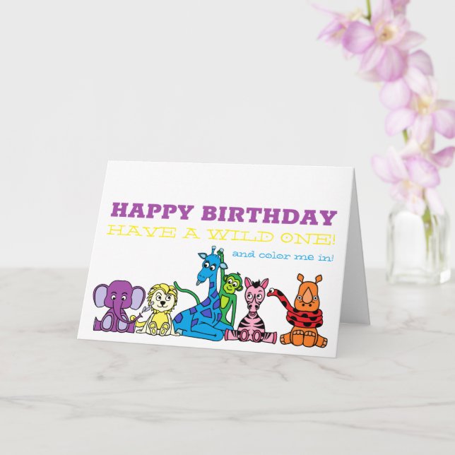 Wild Safari Animals, Children's Birthday Card (Orchid)