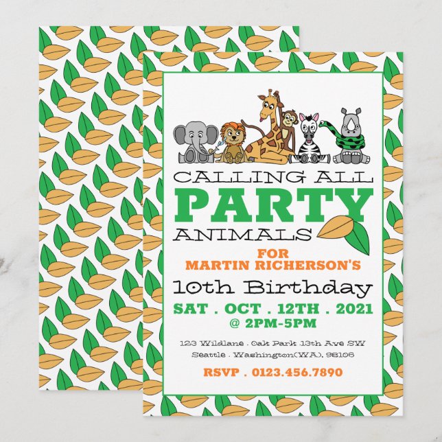 Wild Safari Animals, Children's Birthday Party Invitation (Front/Back)