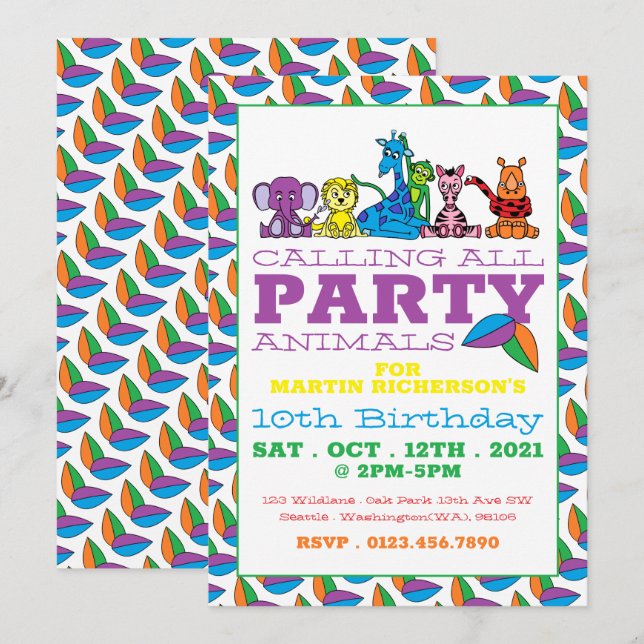 Wild Safari Animals, Children's Birthday Party Invitation (Front/Back)