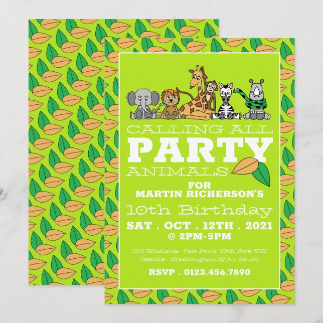 Wild Safari Animals, Children's Birthday Party Invitation (Front/Back)