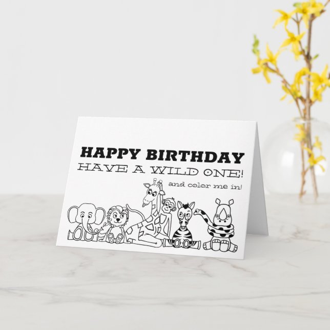 Wild Safari Animals, Children's Colouring Birthday Card (Yellow Flower)