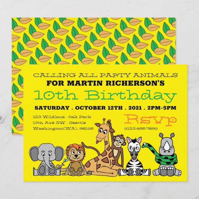 Wild Safari Animals, Kid's Birthday Party Invitation (Front/Back)