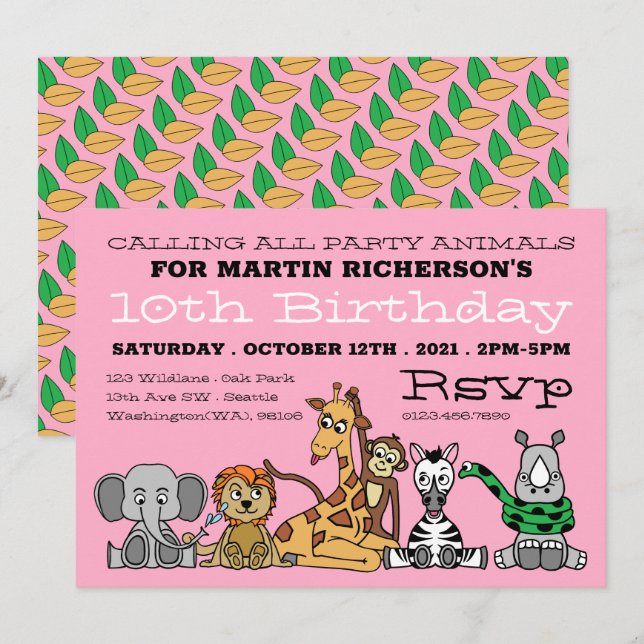 Wild Safari Animals, Kid's Birthday Party Invitation (Front/Back)