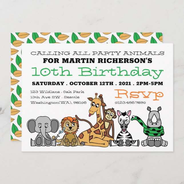 Wild Safari Animals, Kid's Birthday Party Invitation (Front/Back)