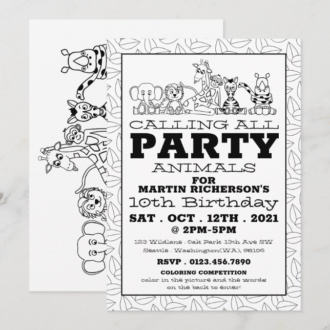 Wild Safari Animals, Kid's Coloring Birthday Party Invitation (Front/Back)