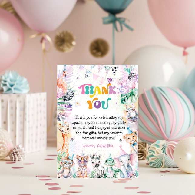 Wild Safari Animals Pink Birthday Thank You Card (Creator Uploaded)