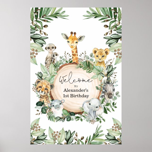 Wild Safari Animals Rustic Greenery Birthday Baby Poster (Front)